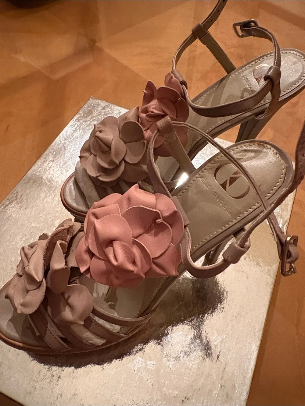 Kelsi Dagger Brown Floral Appliqué Leather Wedge Sandals